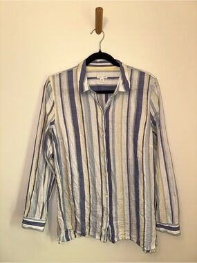 J Jill Love Linen 100% Linen Striped Coastal Button Up Top